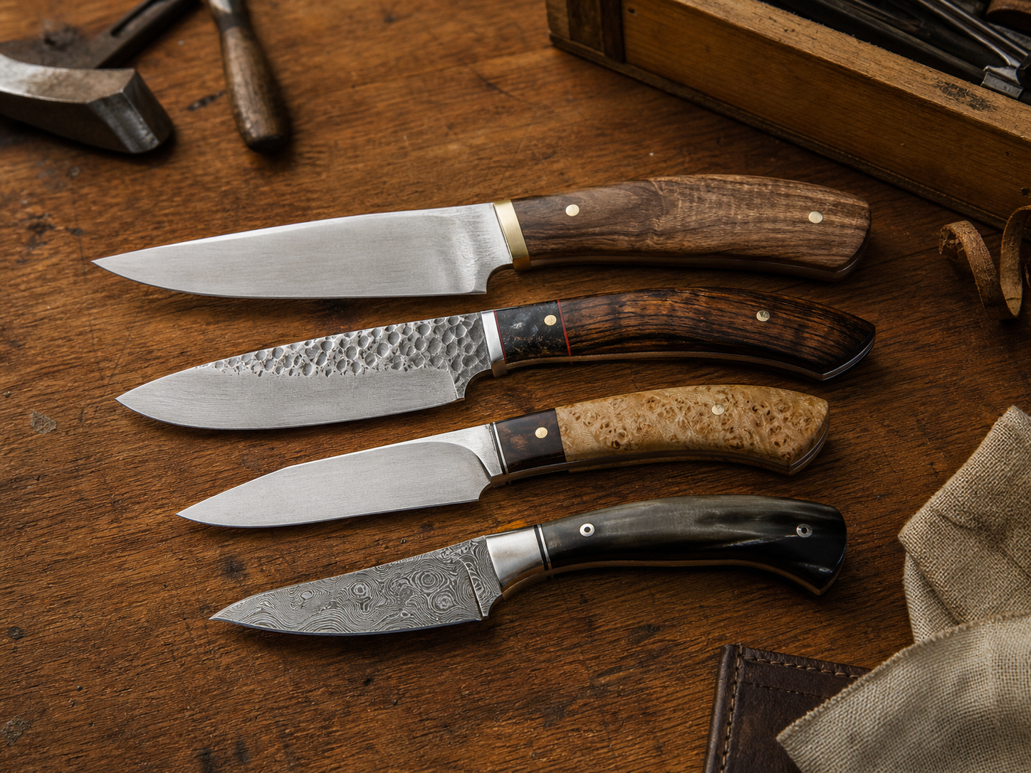 Photo de couteaux artisanaux sur un établi pour choisir un couteau