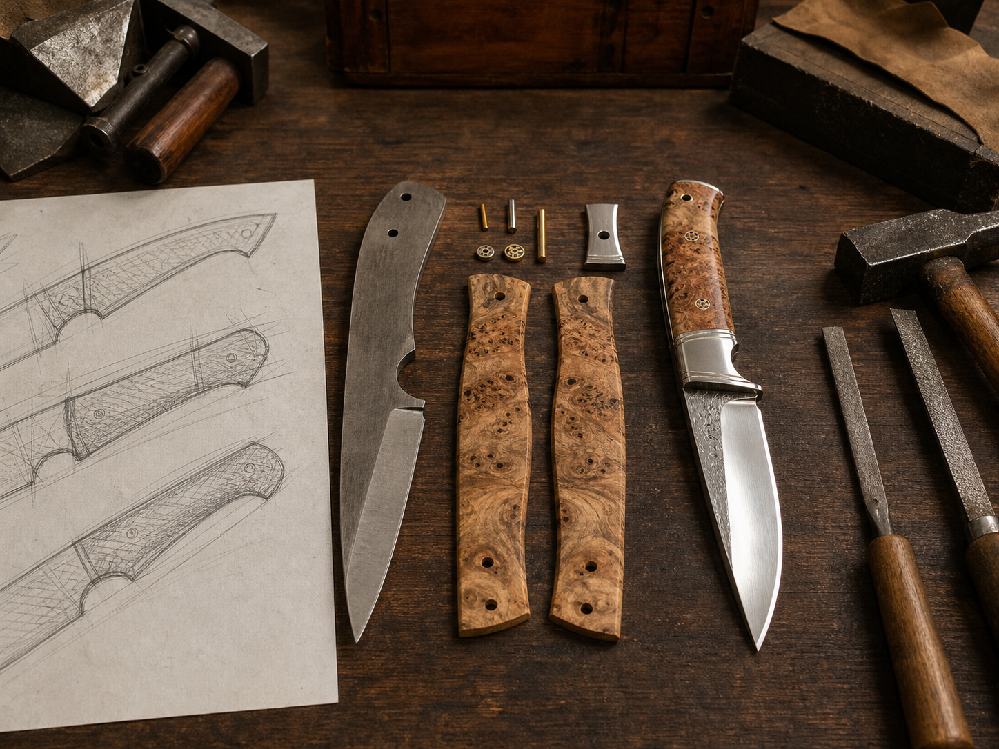 Photo des étapes de fabrication d'un couteau personnalisé avec dessin, lame et manche