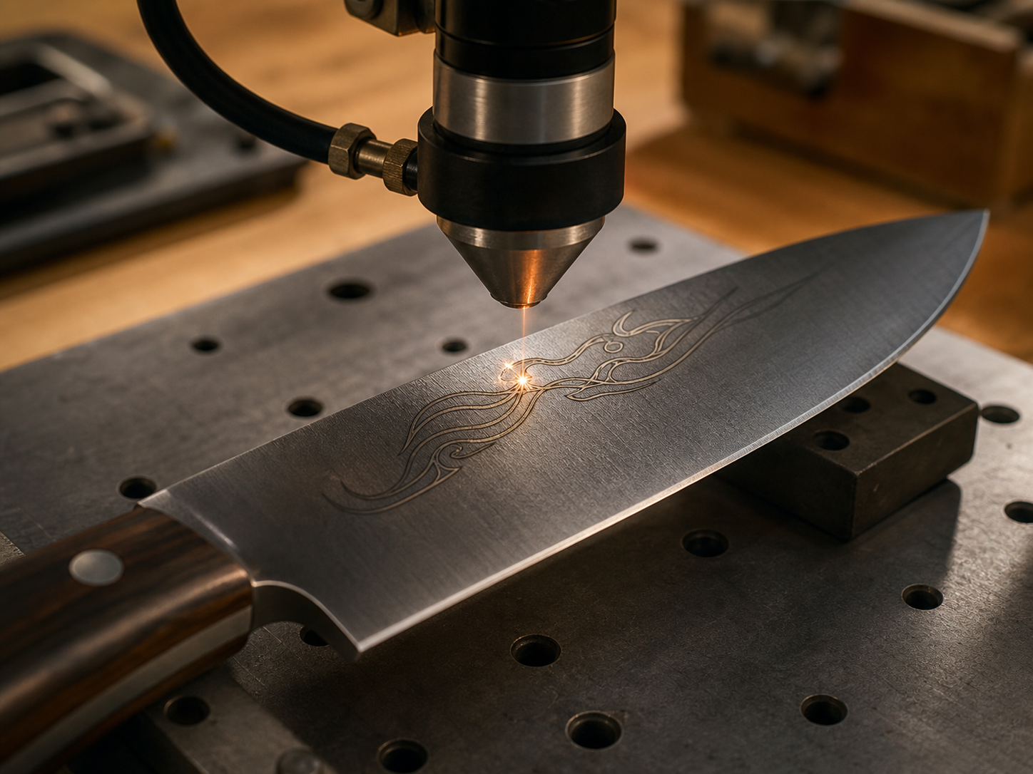 Photo d'une gravure laser réalisée sur une lame de couteau