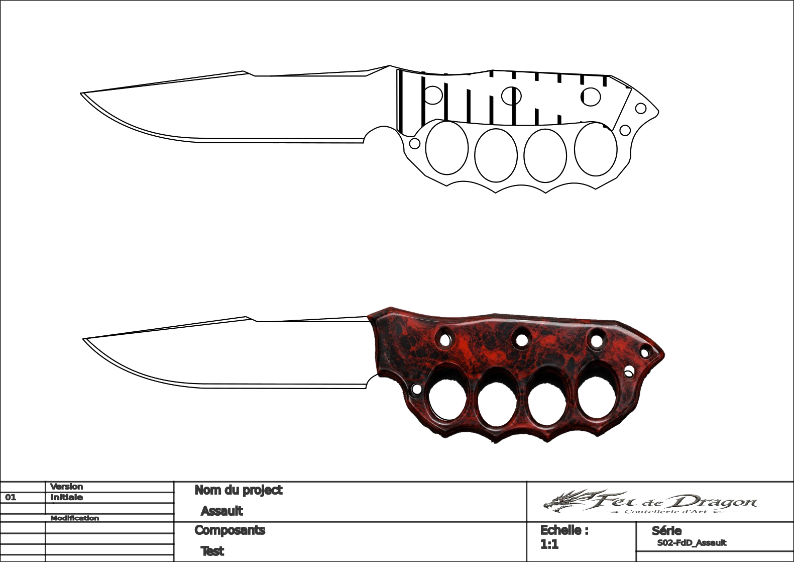 Dessin technique et prototype de manche de couteau en résine rouge et noire