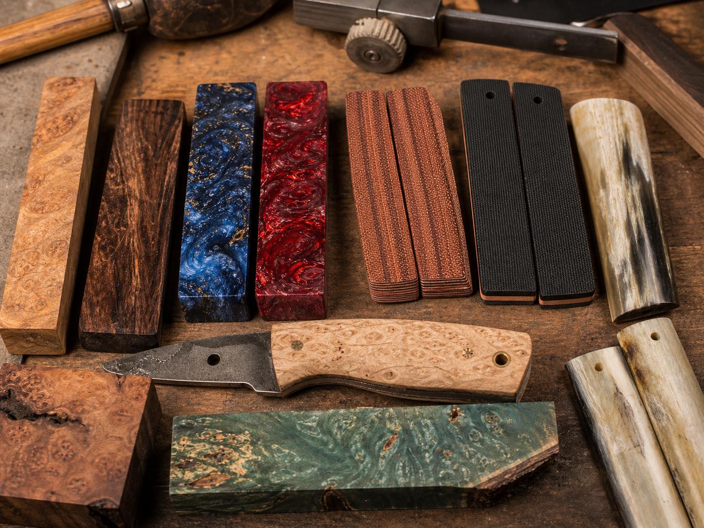 Photo de matières pour manche de couteau : bois, résine, micarta, G10 et corne